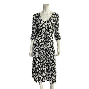 Amour Vert XS Midi Dress Black & White Floral Tie Waist Tiered Skirt Feminine